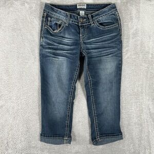 Mudd Jeans Womens‎ 7 Capri Cropped Denim Embroidered Pockets Mid Rise Stretch